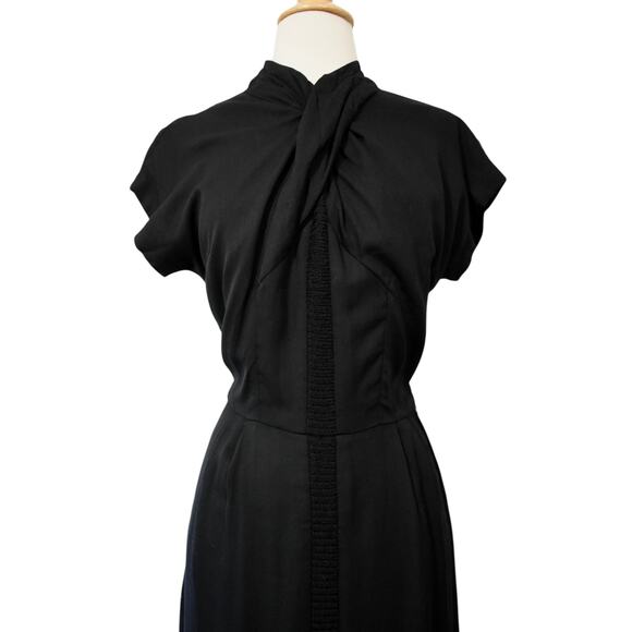 Vintage 50s Film Noir Ruched Shawl Neck Crochet Center Black Deco Dress - Picture 4 of 10